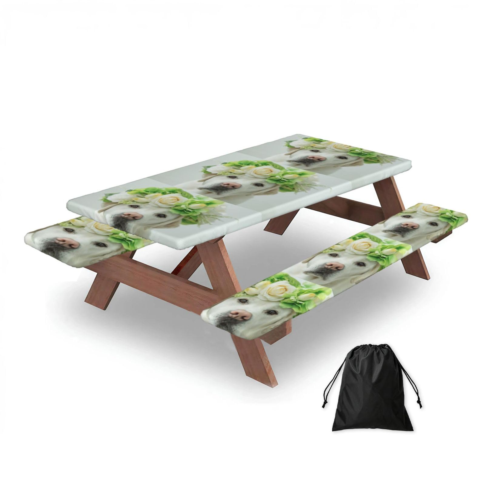 Dopklna As Picture Funny Labrador Retriever Puppy, Picnic Table Cover With Bench Covers -Waterproof Elastic Fitted Tablecloth For Garden Camping Patio 76X152cm