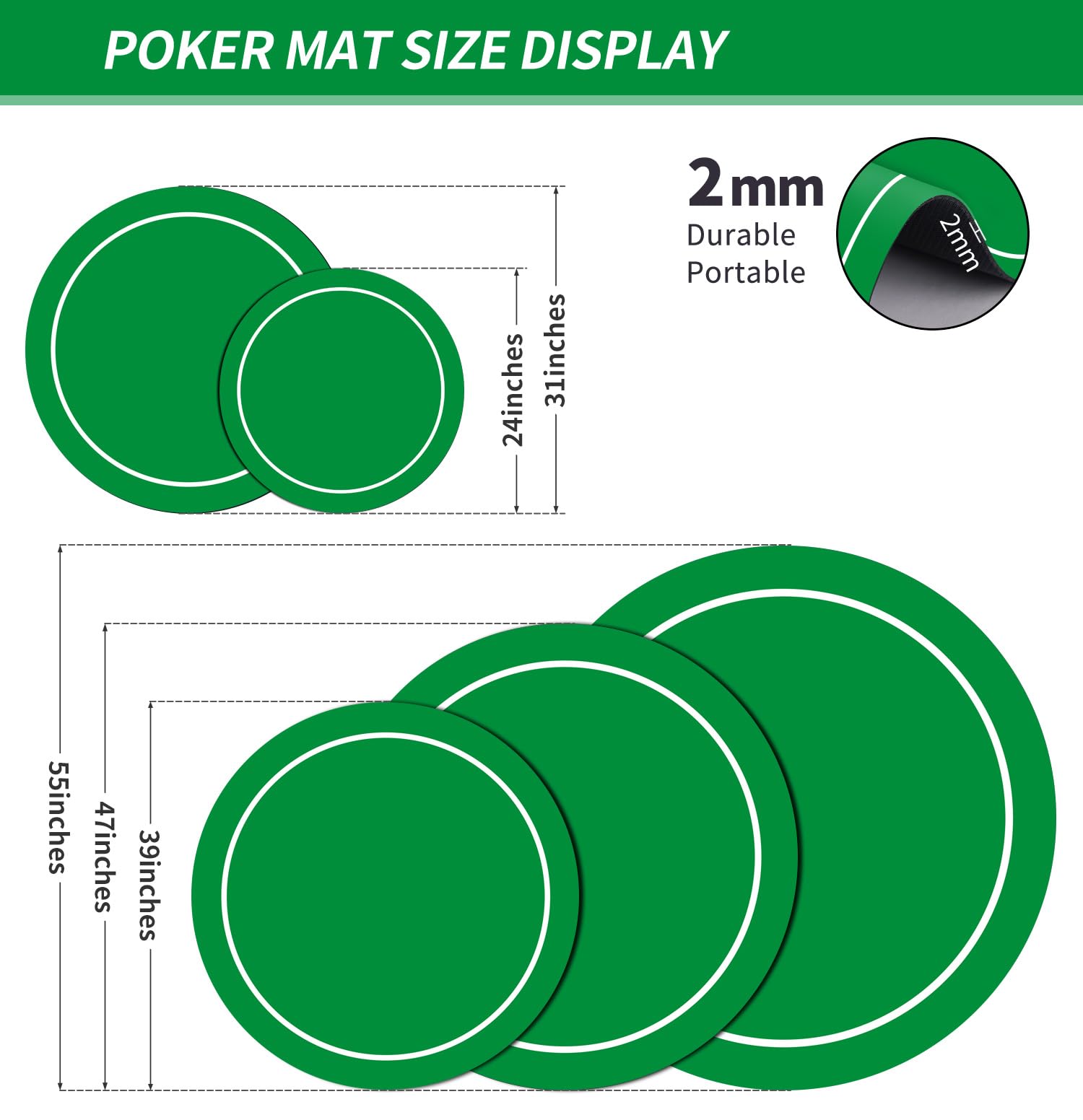 Texas Holdem Pokermatte 60/80/100/120/140cm Rund Tragbarer Pokertisch Pokerteppich Deco Layout Druck für 8 Spieler Spiellayout-Matte