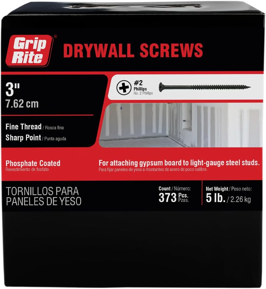 Grip-Rite Fine Thread Drywall Screws - #2 Phillips Bugle Head - Sharp Point - Attach Drywall to Steel Studs - Phosphate Coated - #6 X 1-1/4" - 5 Lb Box - 1190 Count - 3DWS5