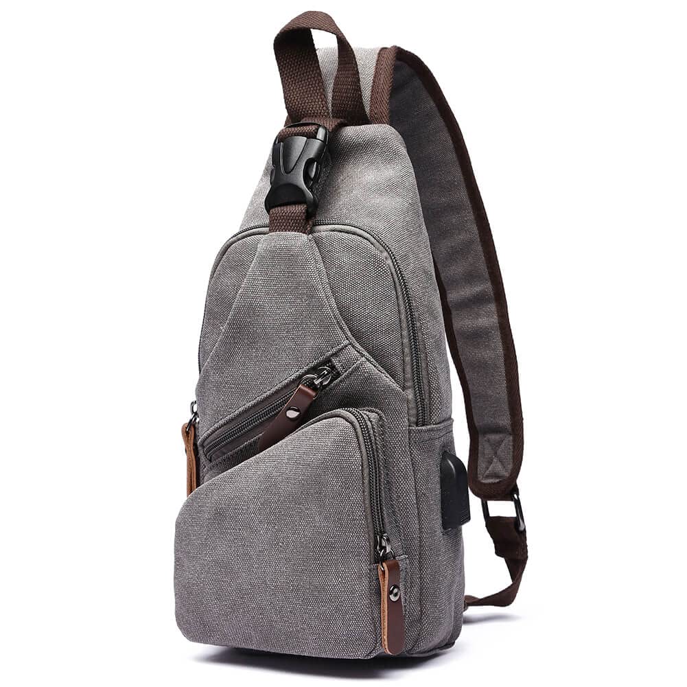 Canvas Sling Bag Crossbody Backpack Shoulder Casual Rucksack for Men Women Outdoor Cycling Hiking Travel Fishing Grey