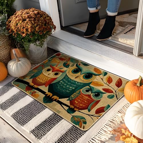 Tapis De Porte Chouette d'automne Oiseaux Colorés Paillasson Extérieur Drole Lavable en Machine Tapis Entree, pour Intérieur/Extérieur, Chambre, Douche,...