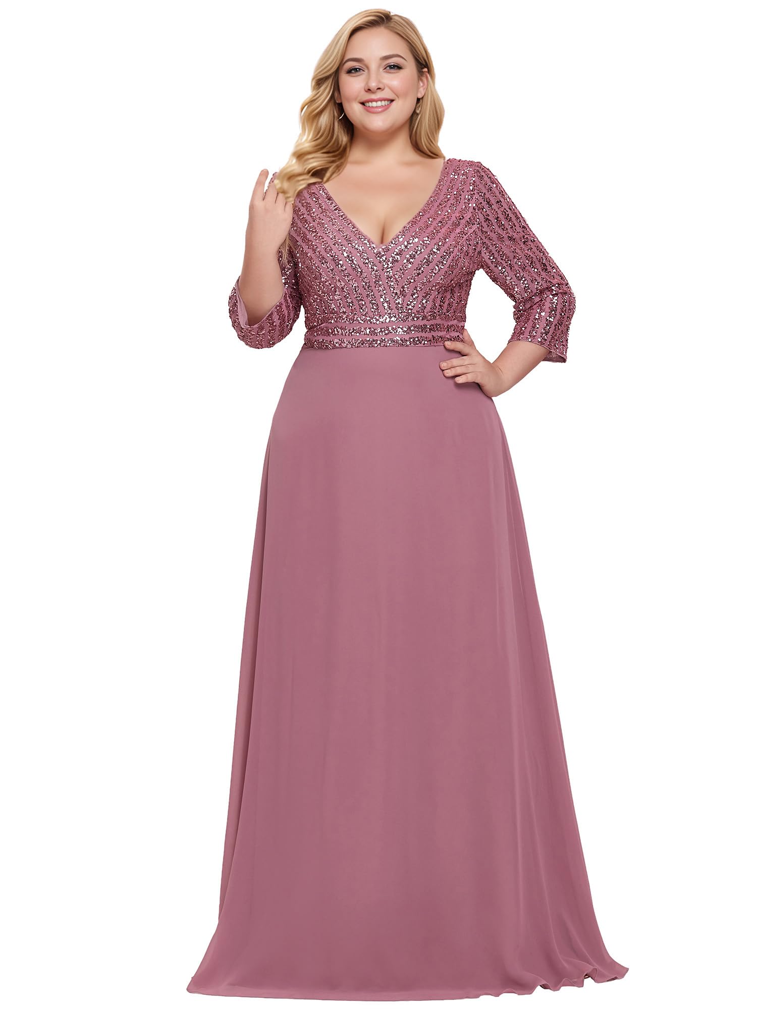 Ever-Pretty Women's Elegant Formal Dress V-Neck Long Sleeve Sequin Maxi Chiffon Evening Dresses Vestidos De Fiesta 00751
