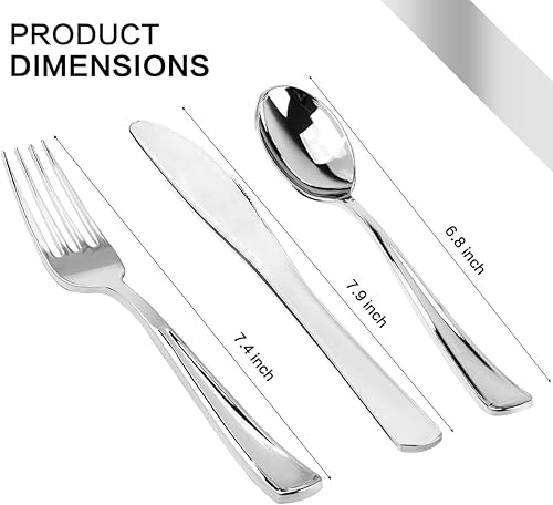 Miniatura 3 de MCIRCO - Juego de vajilla de plástico de 350 piezas, 100 platos de plástico con borde plateado, 50 cubiertos, 50 tazas, 50 servilletas de papel, 50