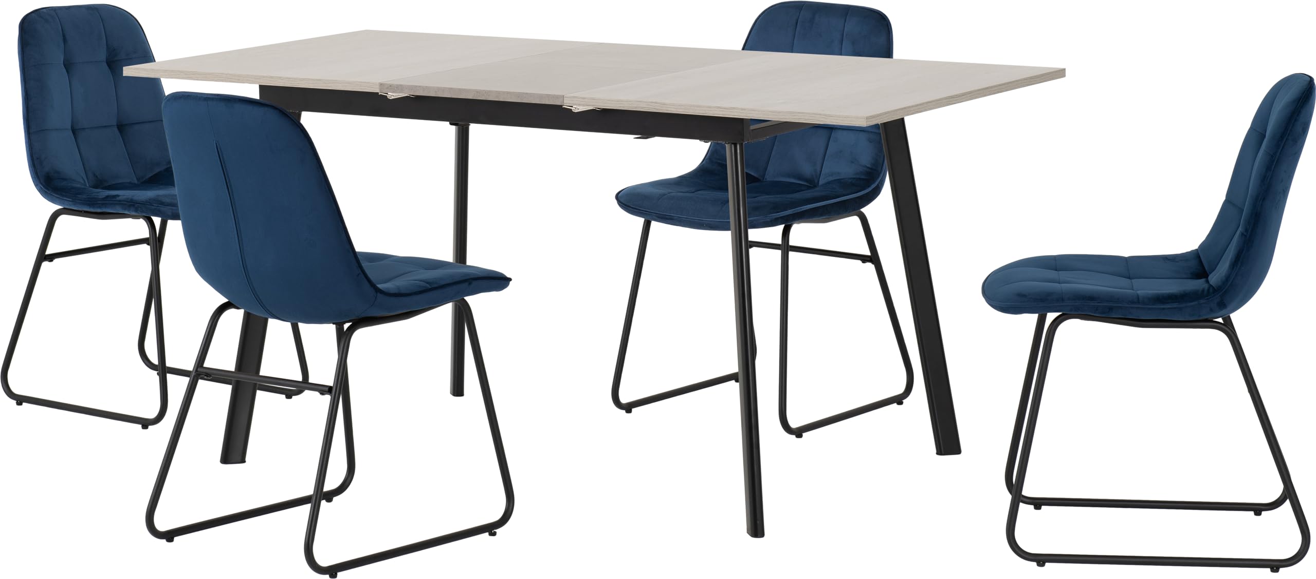 Avery Extending Dining Set with 4 Lukas Chairs - Grey Table - Blue Chairs - Modern Style