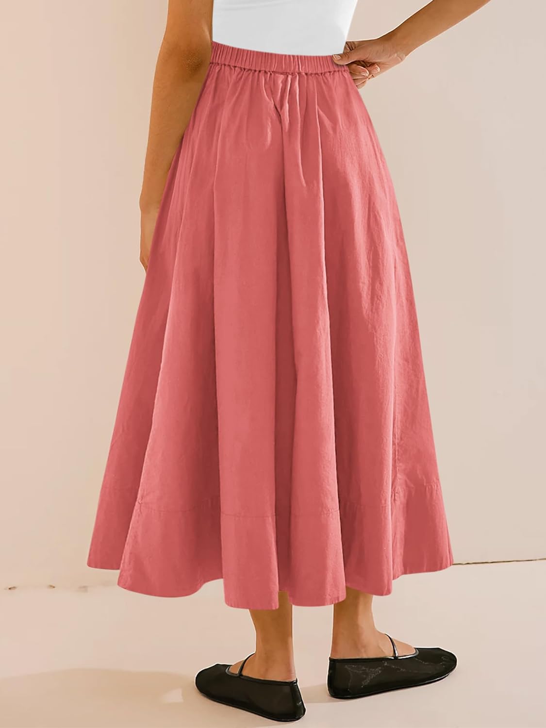 Yousify Women’s A-Line Midi Skirts Casual Elastic High Waist Flowy Swing Pleated Beach Boho Long Skirt with Pocket