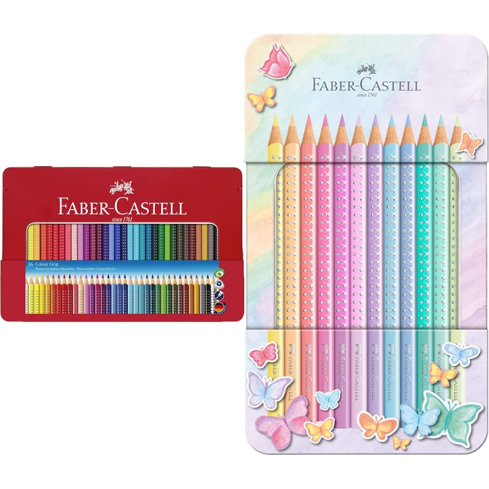 Faber-Castell 112435 - Buntstifte Colour Grip 2001, 36er Metalletui & 201910 - Buntstifte Sparkle Pastell, 12er Metalletui