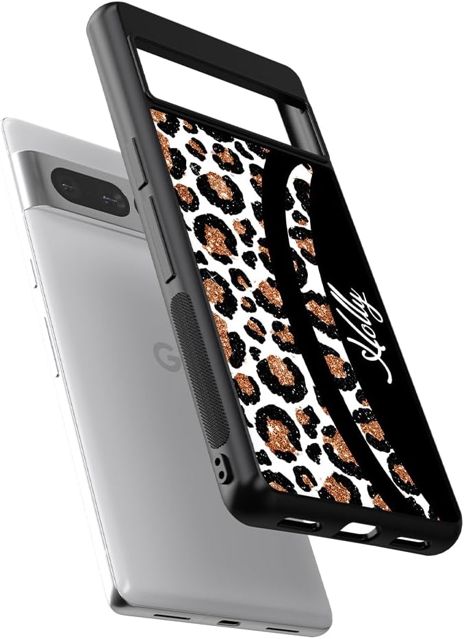 Leopard Skin Curvy White Gold Personalized Black Rubber Phone Case Compatible With Google Pixel 10, 10 Pro, 10 Pro XL, 9a, 9 Pro, Pixel 9, Pixel 9 Pro XL, 8a, 8 Pro, 8, 7, 6, 6a, 6 Pro, 5, 4