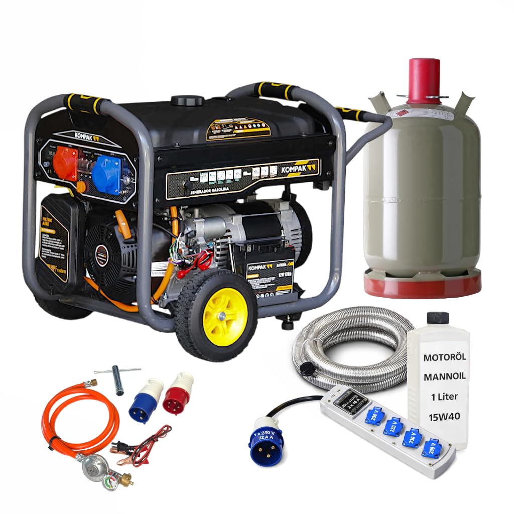 Dual Fuel Strom-Generator 10 kVA | KOMPLETT-SET – Benzin & Propangas Notstromaggregat 230/400 V – fahrbar inkl. 4er-Steckerleiste, Gasflasche & Zubehör