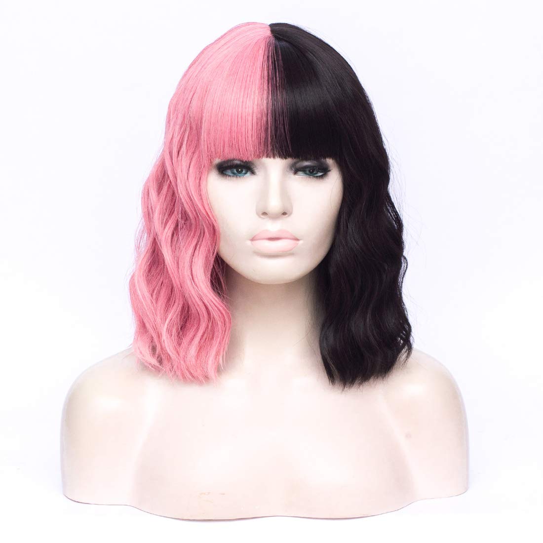 14" Short Bob Gray Green Ombre Yellow Wavy Curly Bangs Wig Air Bangs Shoulder Length Women's Charming Synthetic Wig for Cosplay Party Anime Costume+Wig Cap (Gray Green Ombre Yellow)