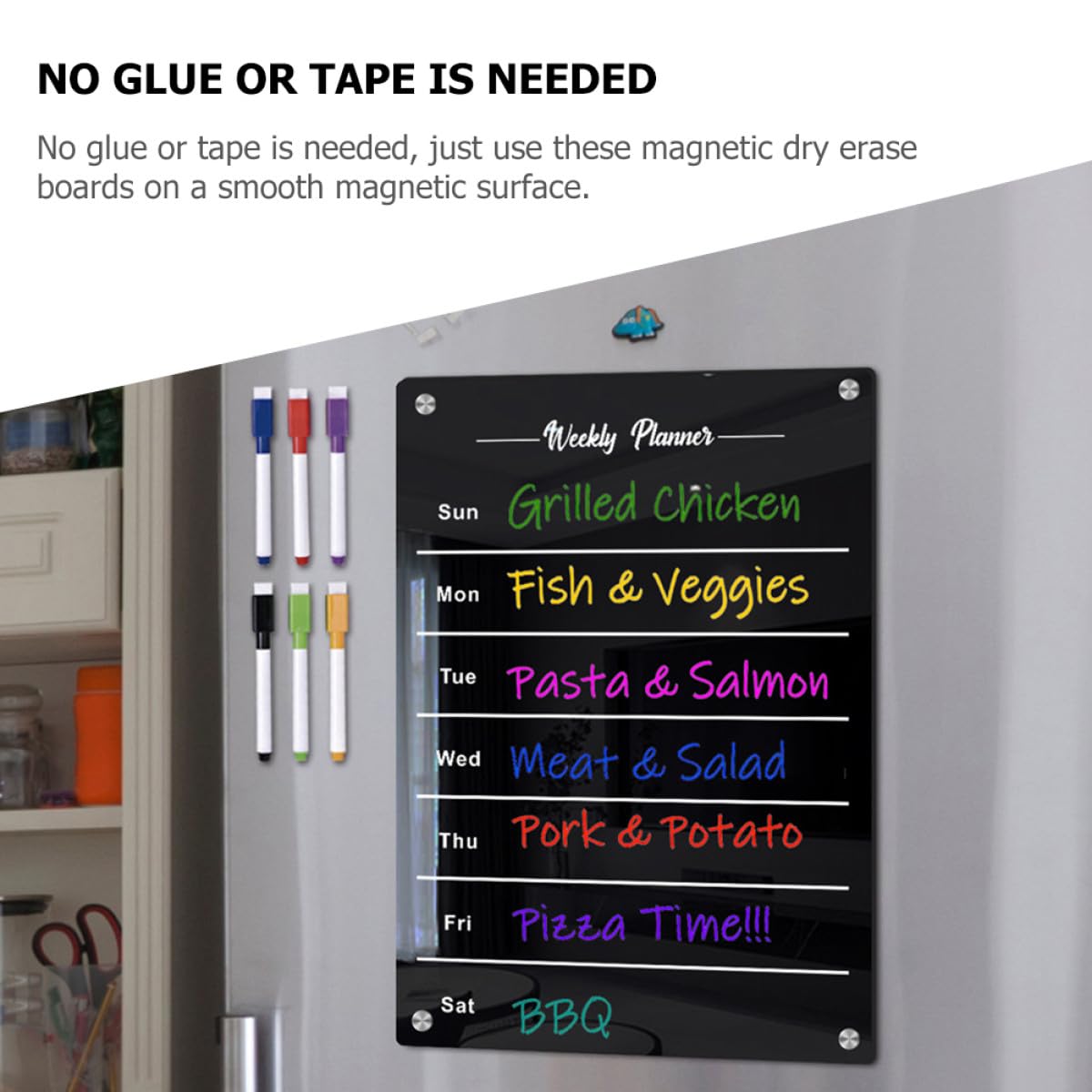 BETOOKY Magnetisches Acryl Küchenplaner Whiteboard in Schwarz Abwischbares Terminplan Nachrichtenbrett für Kühlschrank für Küche und Büro Glatte Schreibfläche