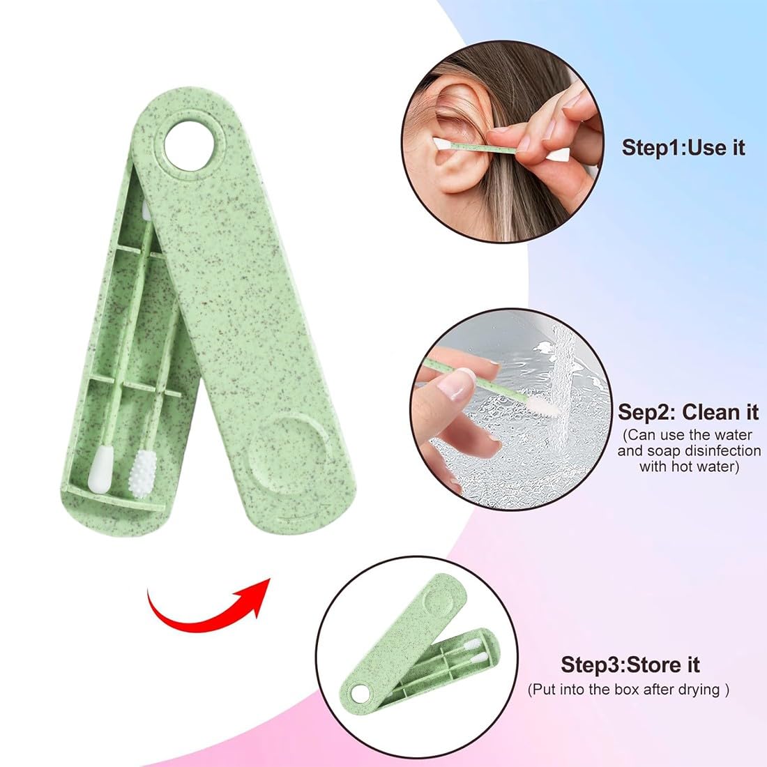 4 Pezzi Cotton Fioc Riutilizzabile per Pulizia Orecchio Tampone Riutilizzabile Spirale a Doppia Estremità con 2 Supporti da Viaggio, Cotton Fioc Riutilizzabili, Coton Fioc, Verde e Blu