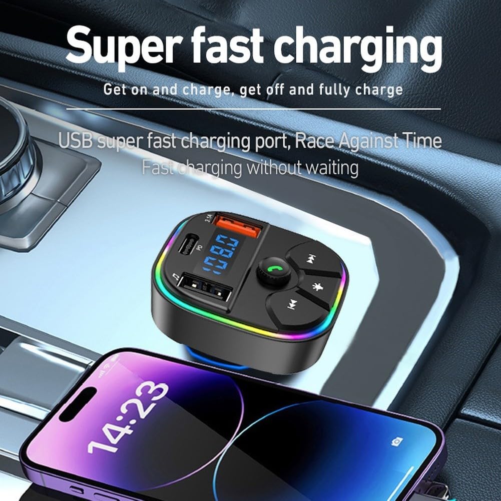 Trasmettitore FM per auto wireless con due porte USB di ricarica USB A e USB C, riproduzione MP3/WMA da unità USB, supporto per chiamate in vivavoce, portata wireless 5 3, frequenza FM 87 5