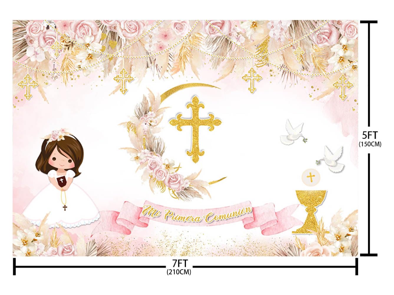 MEHOFOND 2,1 x 1,5 m Prima Comunione e Battesimo Sfondo Boemia Tema Rosa Fiore Dio Benedica Fotografia Sfondo Oro Croce e Puntini Pastello Baby Shower Torta Smash Decor