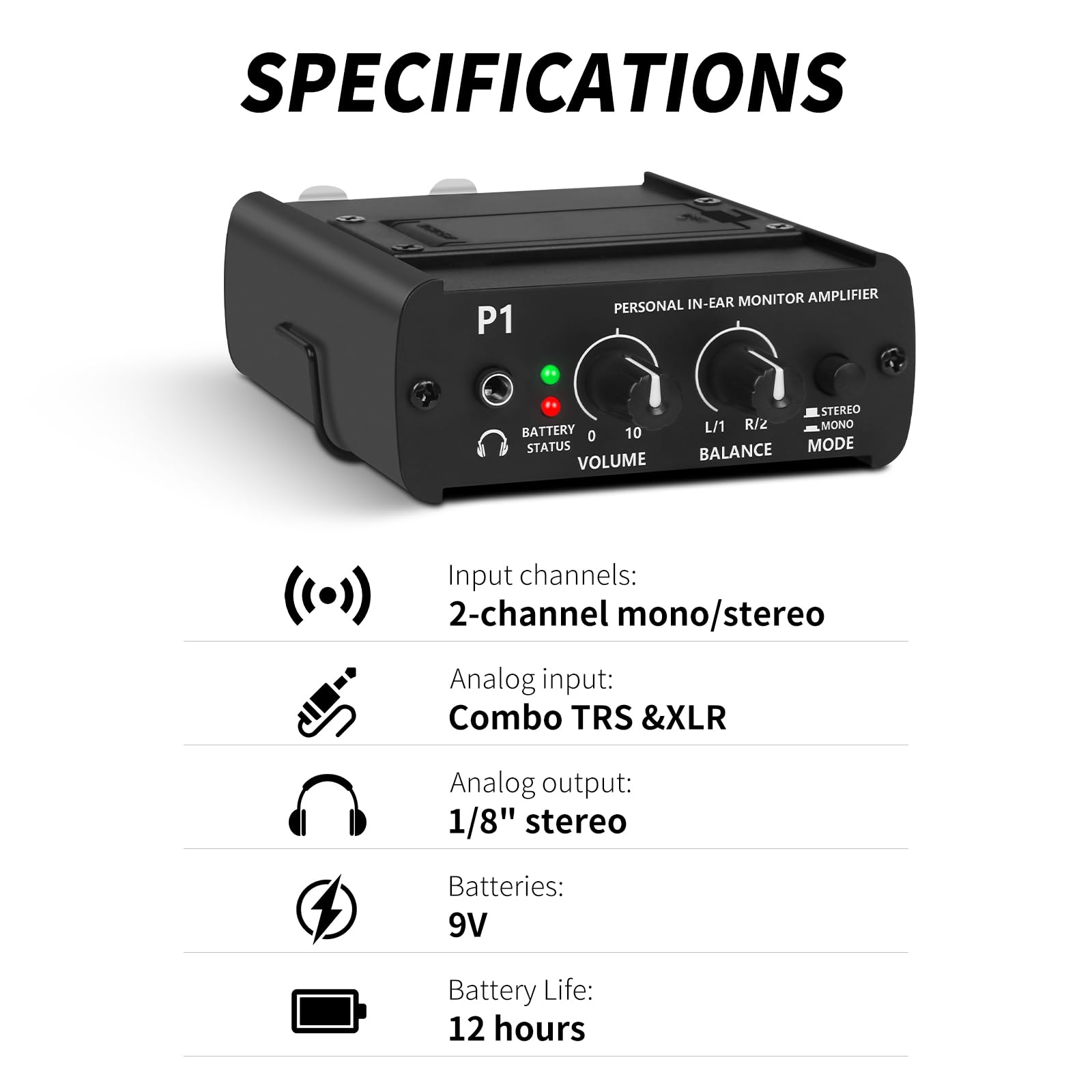 Sistema de monitor intrauditivo personal, amplificador de auriculares ultracompacto con entrada XLR y TRS, mono, mono dual y estéreo