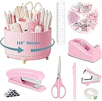 Gawsey Pink Desk Organizer Set: 360° Rotating Pen Holder, Stapler, Tape Dispenser, Scissors & Office Essentials