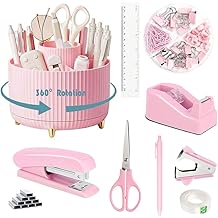 Pink Desk Organizers and Accessories 10Pcs Set with 360-Degree Rotating Pen Holder, Tape Dispenser, Stapler, Staple Remover, 1000 Staples, Tape, Clips Set, Ruler, Scissor, Pen Pink