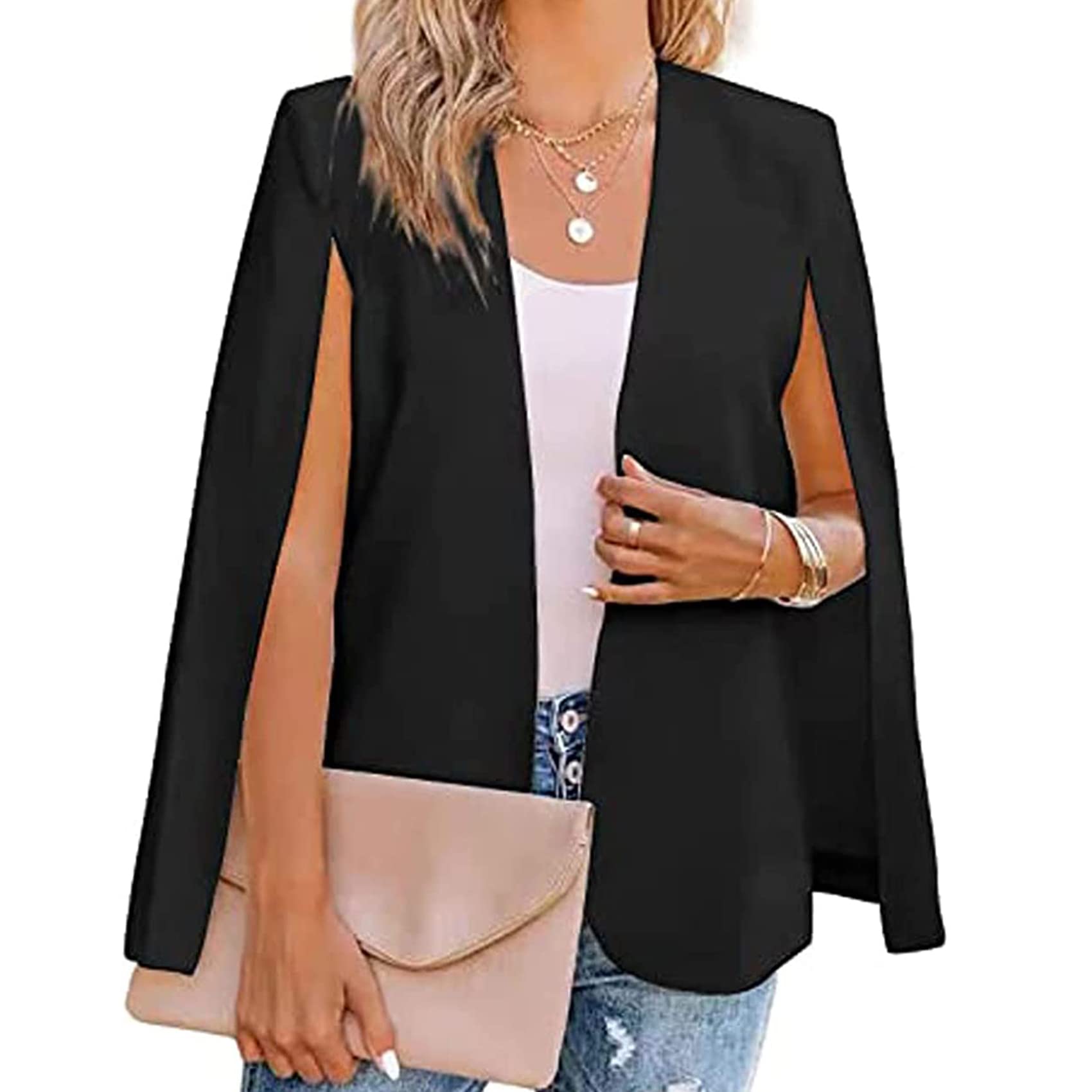 NLAVW Blazer a Mantella da Donna con Maniche spaccate, Aperto sul Davanti,  Solido, Elegante, Giacca da Lavoro, Abbigliamento da Lavoro, Ufficio  Professionale,Nero,L : Amazon.it: Moda