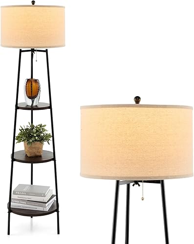 GOFLAME Lámpara de pie con estantes, lámpara de pie con estantes de 3 niveles, pantalla de lino blanco y marco de metal resistente, lámpara de