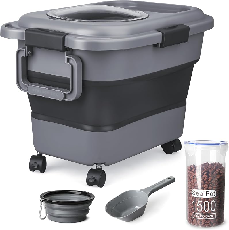 Armazenamento de Ração para Cães e Gatos TIOVERY, Recipiente Dobrável Hermético com Rodas, Alça e Acessórios, Cinza-Escuro, 15,38 L