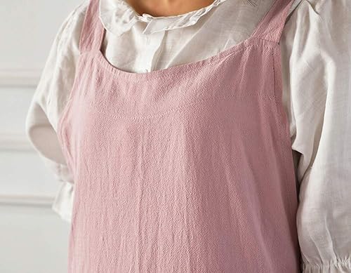 Miniatura 5 de NEWGEM Delantal de lino y algodón con espalda cruzada para mujer, con bolsillos para hornear, pintura, color rosa con lazos en la cintura