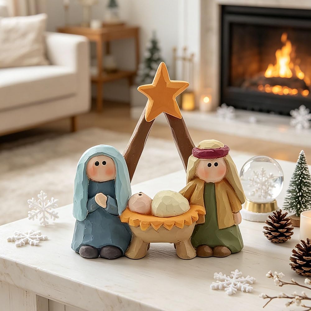 YukaBa Nativity Scene Figurine - Resin Little People Nativity Sets Jesus Décor Catholic Gifts for Women, Miniature Holy Family Manger Scene Virgin Mary Statue for Christmas Ornaments