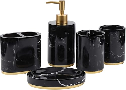 Juego de accesorios de baño de mármol negro, 5 piezas, juegos de baño de resina con soporte para cepillo de dientes, dispensador de jabón, jabonera,