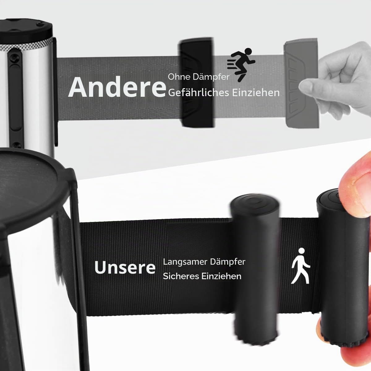 GIANTEX 6x Absperrständer Personenleitsystem, Absperrpfosten Metall Edelstahl, Absperrungen Abgrenzungsständer mit 2 m Absperrband schwarz, Abgrenzungspfosten für Flughafen, Ausstellung, roter Teppich