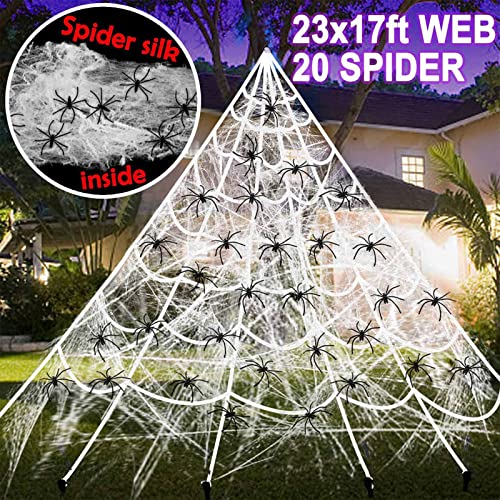 Halloween Natale Large Spider Web Stretch Triangolare Ragnatela Puntelli Opzioni di dimensioni multiple Bianco spaventoso con picchetti a gancio per la decorazione del cortile all'aperto (59in Spide