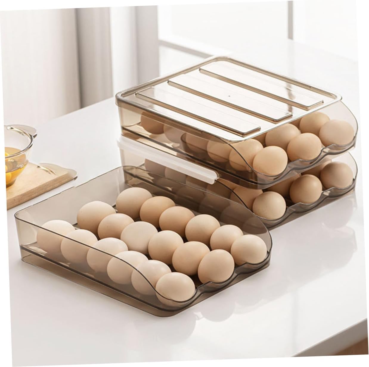 2-layer Refrigerator Egg Holder Auto Scrolling down Storage Box Plastic Egg Organizer Tray for Kitchen Fridge 36-egg Capacity