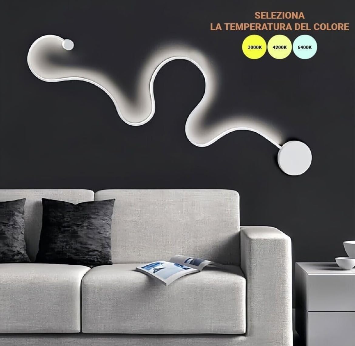Partenopea Applique Serpente Snake Applique lampada da parete a led illuminazione per interno moderno in alluminio luce 28w per Muro 125x34 cm (Grande luce CCT calda naturale fredda)