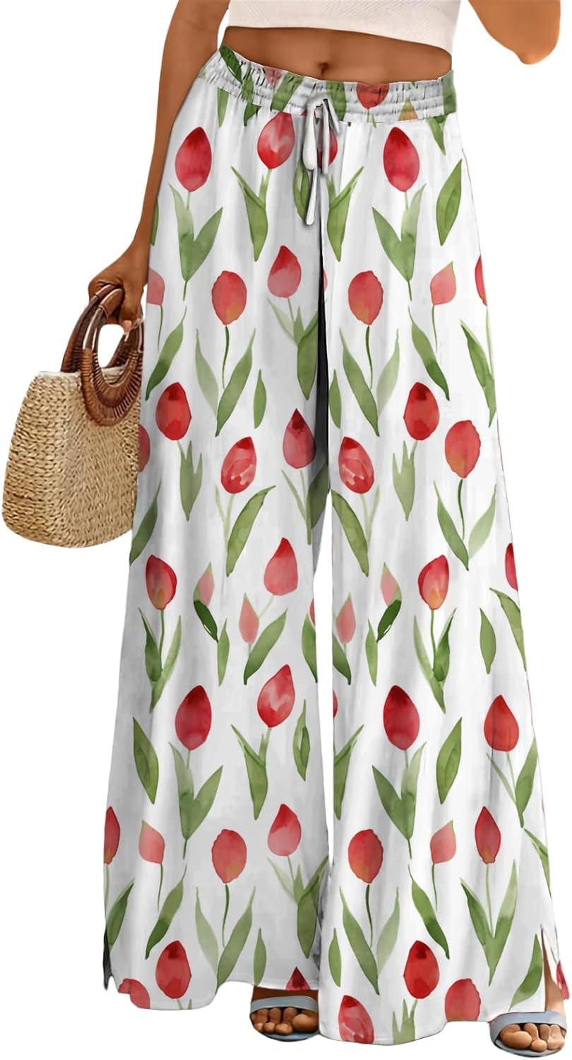 MARSVOVO Pants for Women Trendy Wide Leg Summer Loose Drawstring Ankle Elastic High Waisted Comfort Breathable Trousers