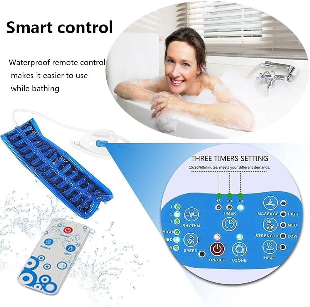 Surf Massage Bath Mat, 3 Speed Adjustment,With Ozone and Warm Air Function, With Remote Control, Portable Spa Mat, Waterproof and Non-slip, Spa Bubble Bath Mat,Relieve Muscle Tension,White