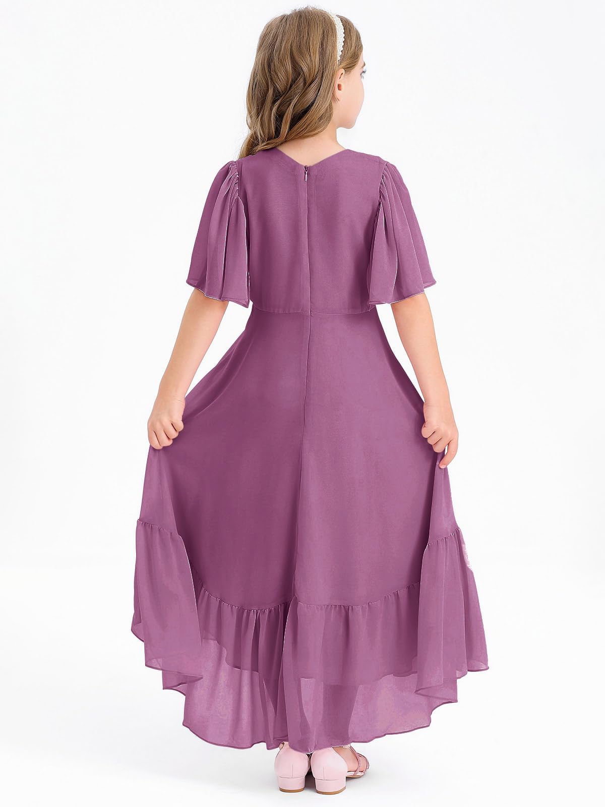 Haloumoning Vestido de verano para niña, cuello en V, con volantes, informal, vestido de una línea, vestido de fiesta alto, bajo, largo, elegante, largo