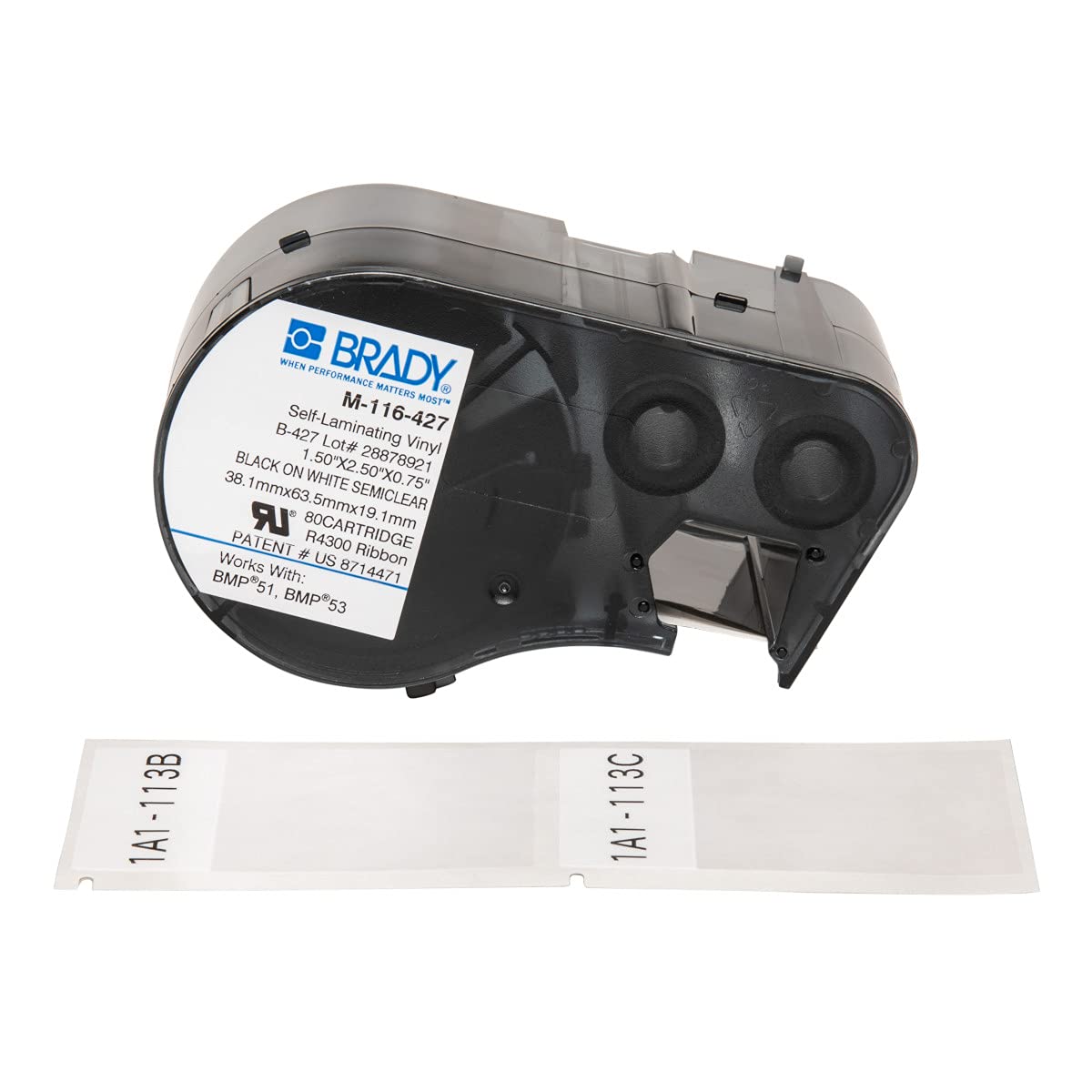BradyM-116-427 Vinyl B-427 Black on White/Clear Label Maker Cartridge, 2-1/2" Width x 1-1/2" Height, For BMP51/BMP53 Printers