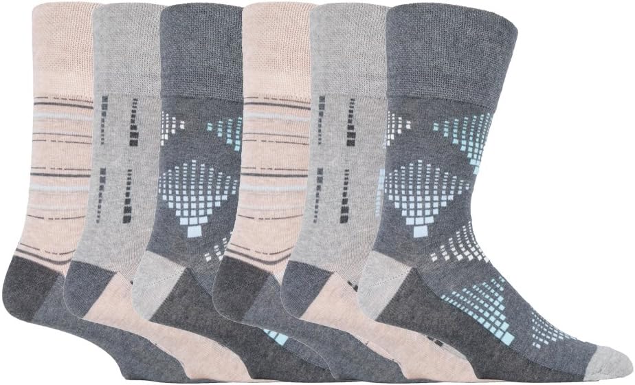 6 Pairs mens gentle grip no elastic socks 6-11 uk, 39-45 eur Assorted colours squares (MGG84)