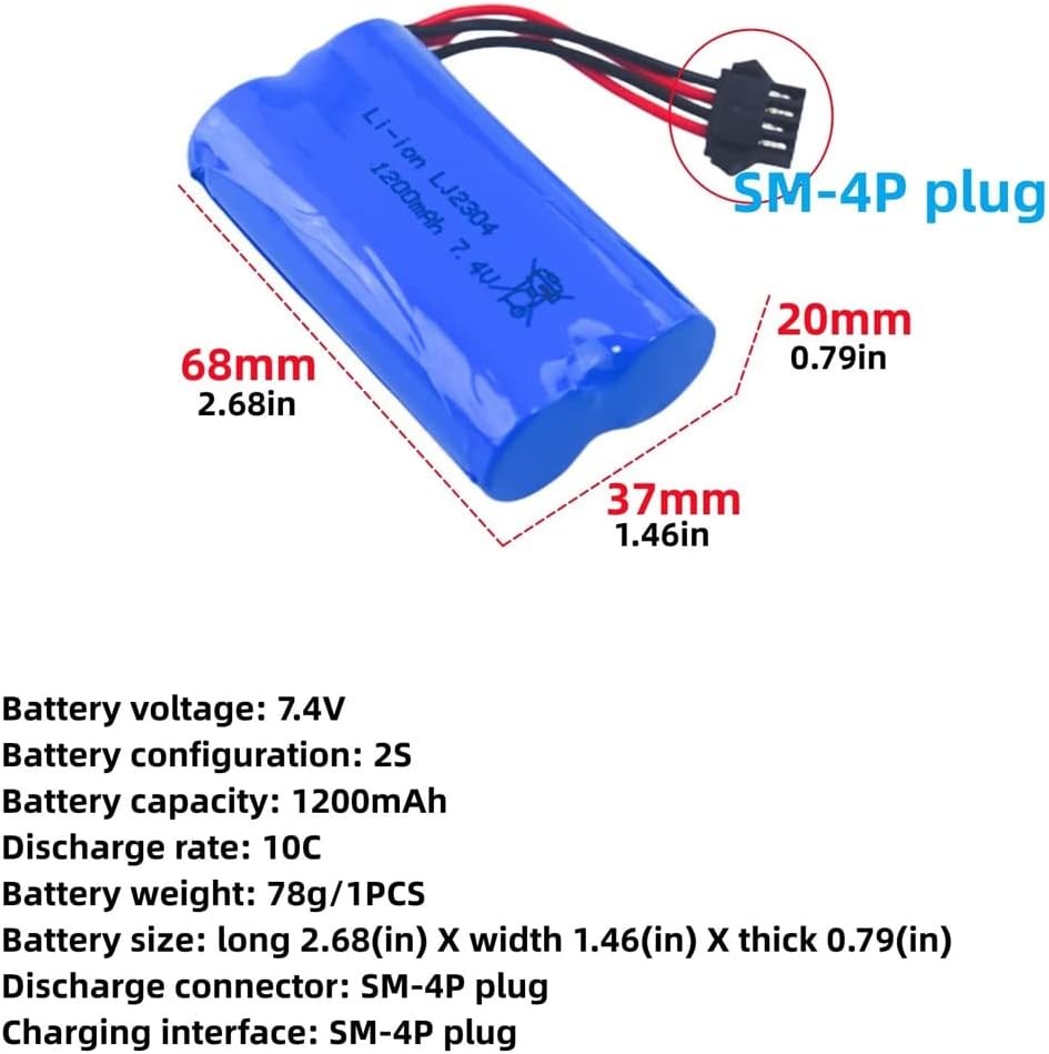 Accessory 2PCS 7.4V 1200mAh Lithium Battery with SM-4P 4 pin Plug for EC08 RC Boat RC Car Model Spare Battery