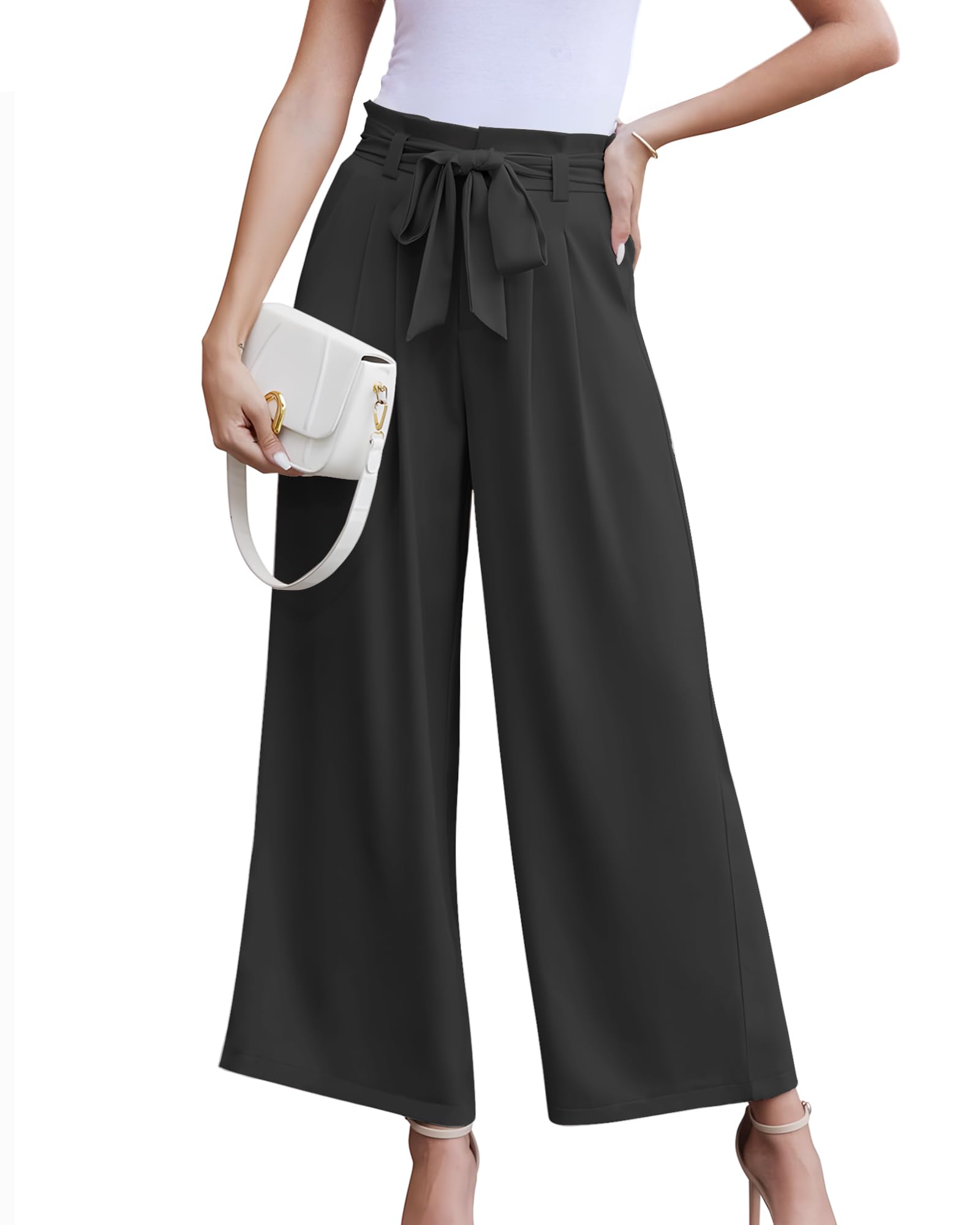 LOUSGUTA Paperbag Pants for Women Black Wide Leg Pants High Waisted Tie Knot Trousers with Pockets and Zipper