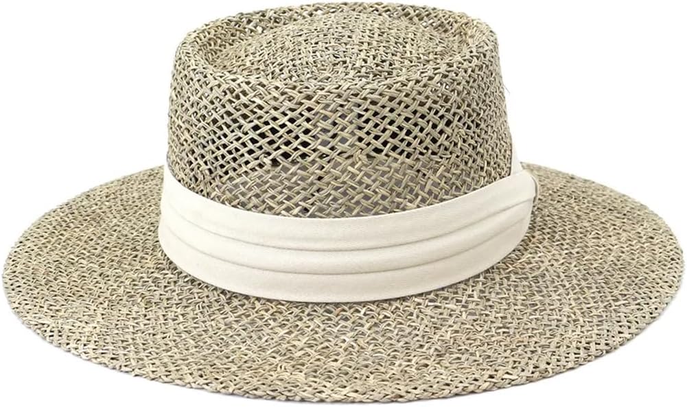 Women Solid Handwork Straw Hat Wide Brim Flat Top Vintage Outdoor Straw Casual Sun Hats