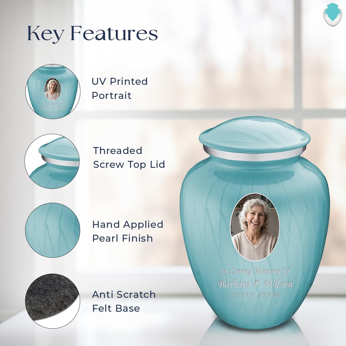 Geturns - Adult Cremation Urns for Human Ashes I Large Pearl Light Blue Photo Funeral Urn for Female and Male I 200 lbs