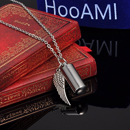 image for HooAMI Angel Wing Charm & Cylinder Memorial Urn Necklace Stainless Ste