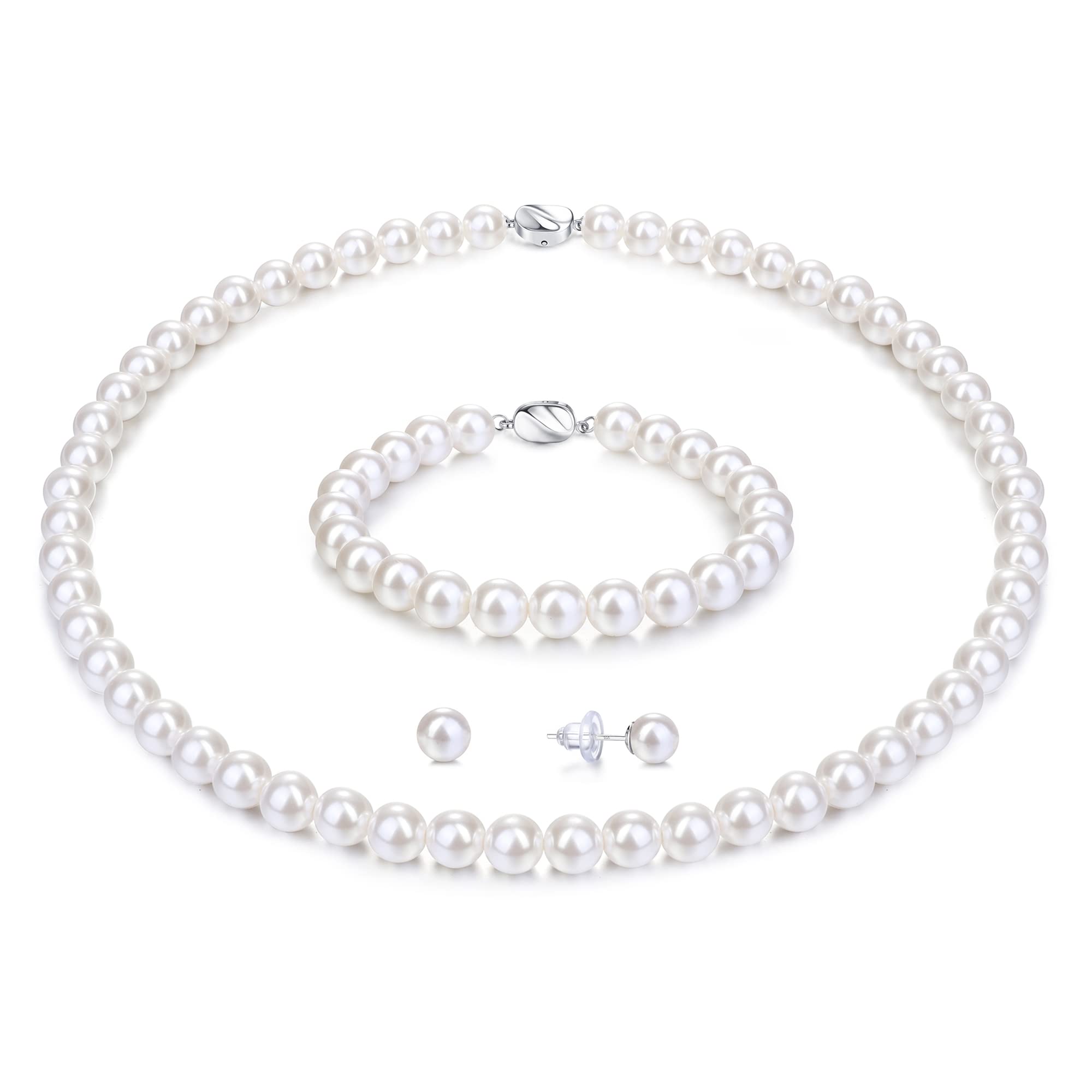 ChungLong0593 3-Piece White 8mm Imitation Pearl Jewelry Set – Necklace, Bracelet & Stud Earrings For Teens & Women - View #7