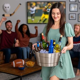 BREKX Stainless Brushed Steel Beverage Tub, Double Wall Insulated Anchored Ribbed Drink Tub & Ice Bucket with Double Hinged Handles, Drink Chiller for Parties, Round, 12QT (3 Gallon), 100% Leak Proof