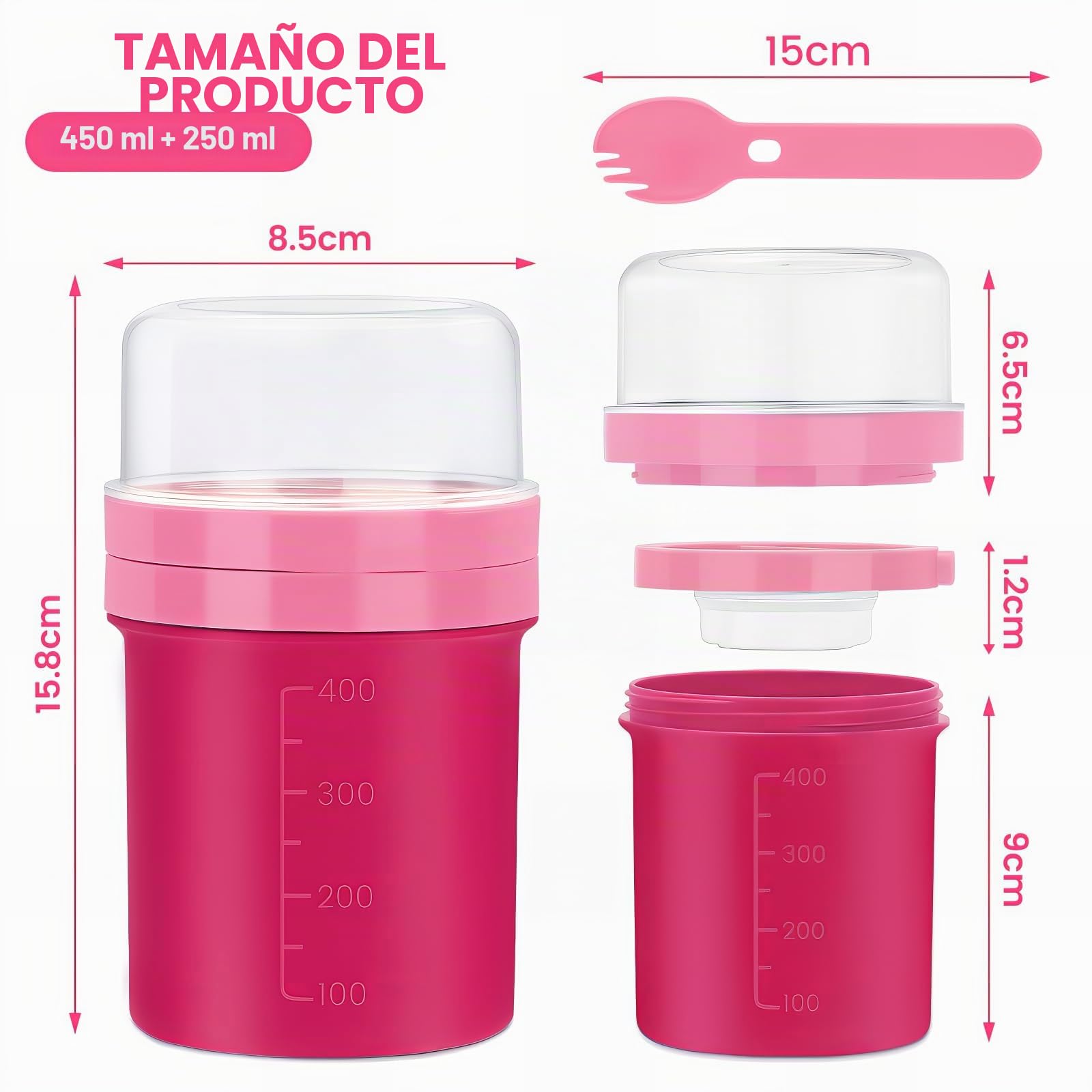 Bugucat Taza para Cereales 450ML+250ML, Taza de Yogur Recipientes para Cereales para Llevar con Tapas y Cuchara, Reutilizable Porta Yogur Vaso Portátil Taza de Cereales con Recipiente para Ensaladas