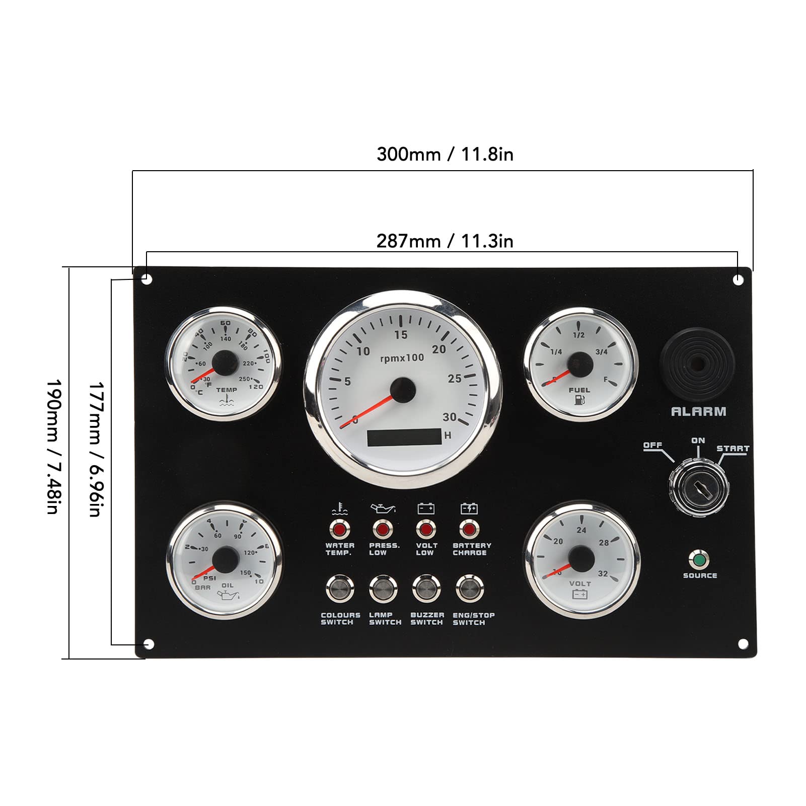 Aramox Boots-Instrumententafel, 24 V, 7 Farben, Hintergrundbeleuchtung, 5-Gauge-Instrumententafel, 85 Mm, 3000 U/min, Maximale Öldruck-Spannungsanzeige für Marineboote, Yachten