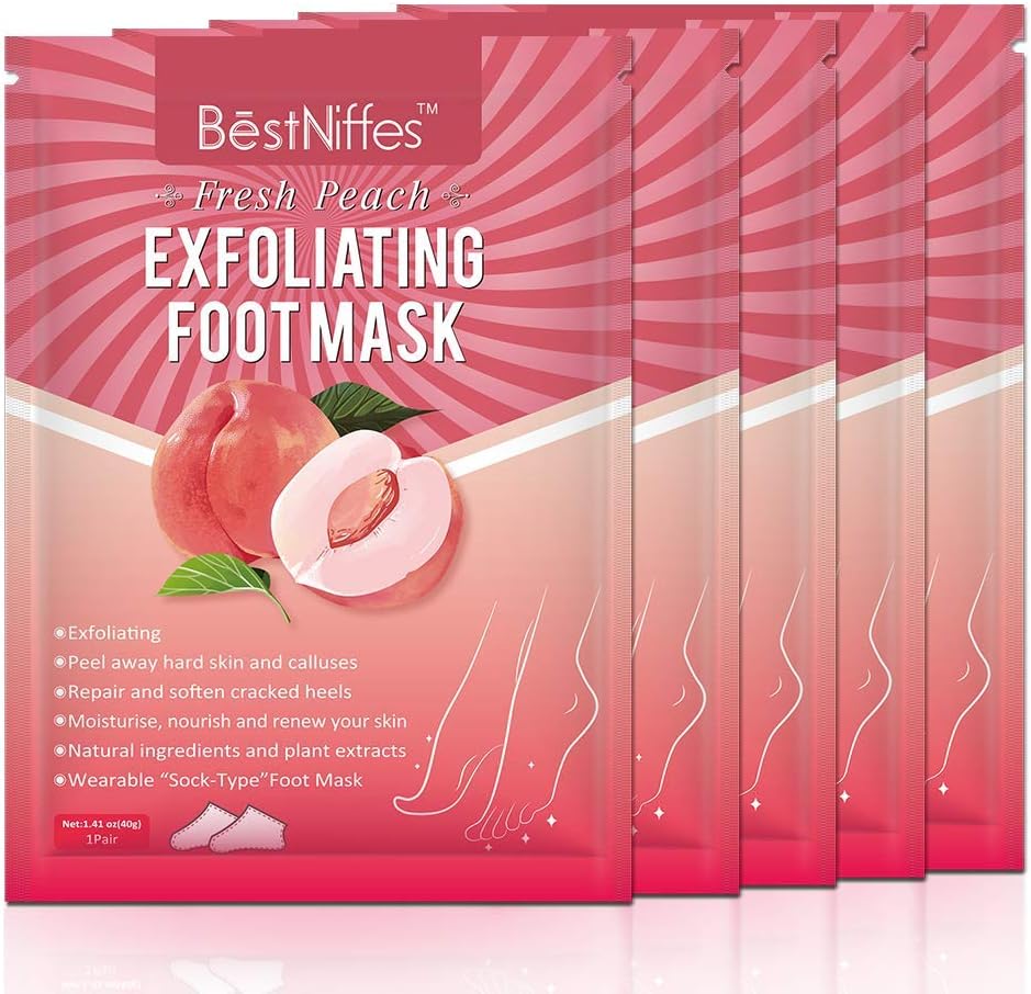 Foot Peel Mask Peach (5 Packs), Deep Moisturizing Exfoliating Socks, Dry Cracked Feet Repair Dead Skin Remover, Soft Baby Feet Peeling Mask