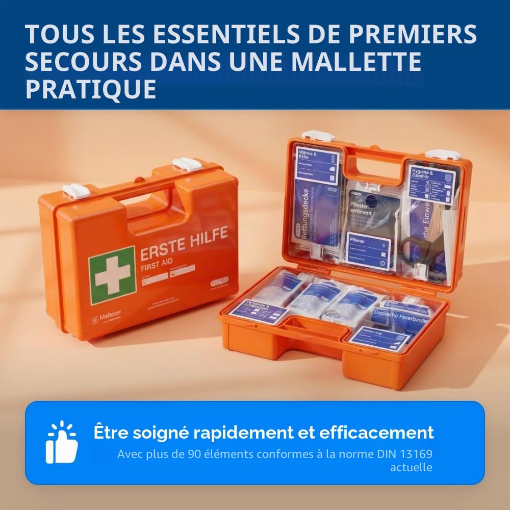 Trousse de premiers secours pour les entreprises DIN 13169 en orange, trousse de premiers secours remplie et avec support mural