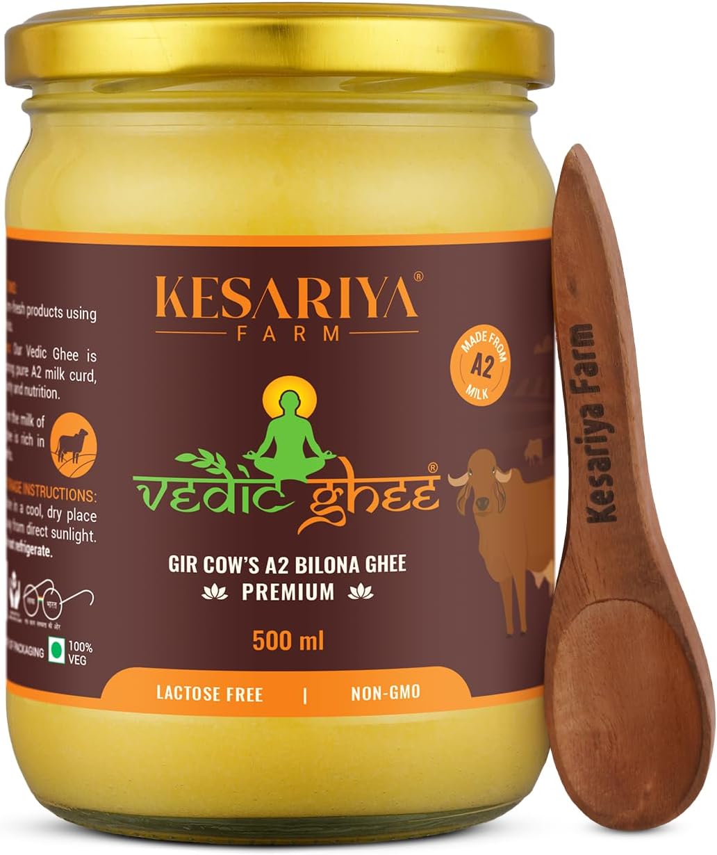 Premium A2 Gir Cow Cultured Desi Ghee from Kesariya Farm | Vedic Bilona Two Way Churned | Indian Gir Cow Ghee, Pure A2 Ghee, Natural & Healthy, Non-GMO | Lab Certified (500ml)