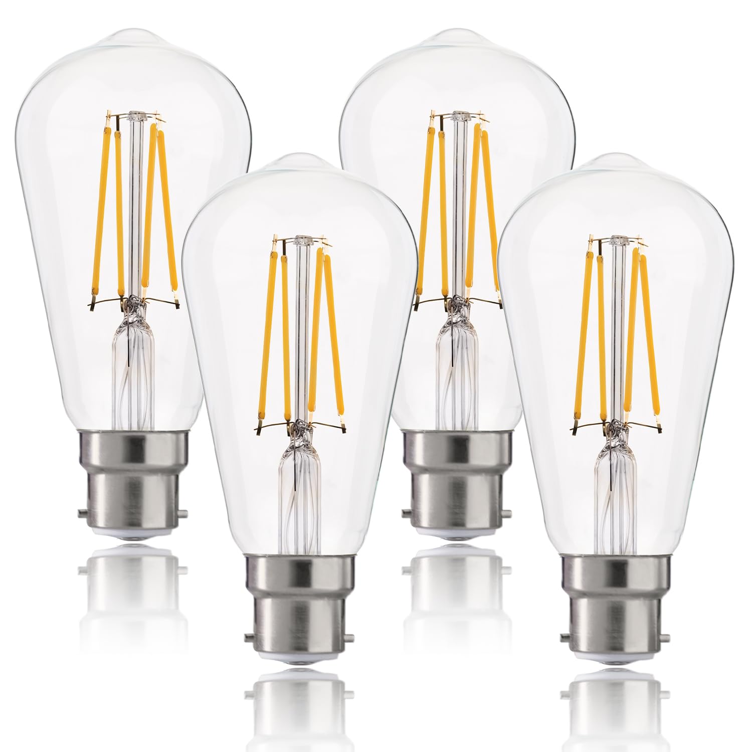 FLSNT B22 Vintage Edison Light Bulb, ST64 Bayonet LED Filament Bulbs 60W Equivalent, 2700K Warm White Dimmable, 806LM Clear Glass Decorative Light Bulbs for Home Cafe, Pack of 4 [Energy Class E]
