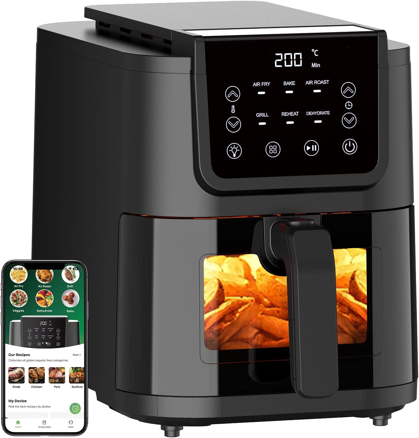 alpina Friggitrice ad Aria 2L - Air Fryer per 2 a 3 Persone - Airfryer con Timer e Temperatura Regolabile - Friggitrice ad Aria Ariete 900W - Plastica - Nero