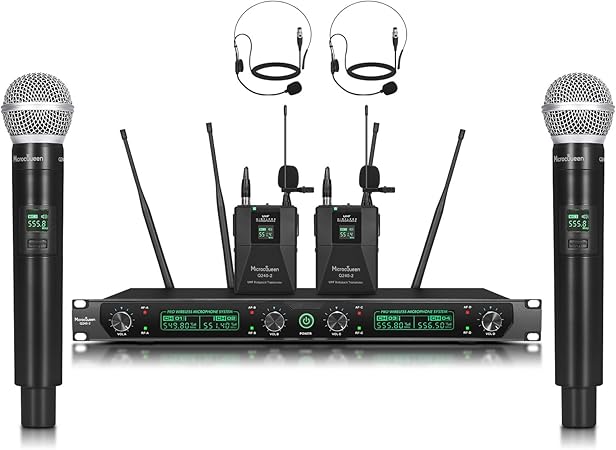 Wireless Microphone System, 4-Channel UHF Professional Mic, Auto Pairing Metal Cordless Mics with 2 Handheld & 2 Bodypack, 400ft Range, Ideal for Singing, Karaoke, Party, Wedding, Concert